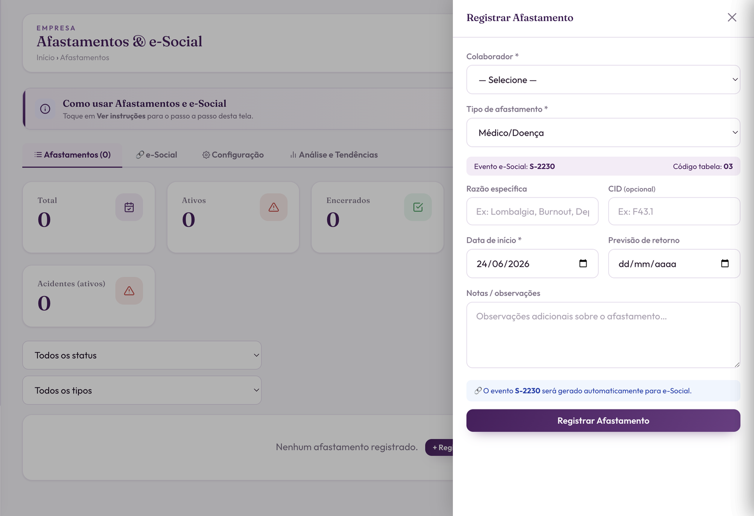 Registro de afastamento com geração automática do evento e-Social S-2230