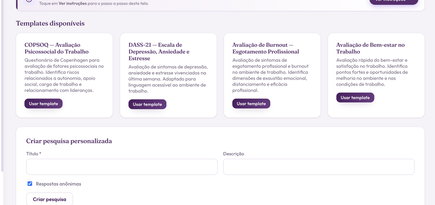 Tela de pesquisas com modelos COPSOQ, DASS-21, Burnout e Bem-estar